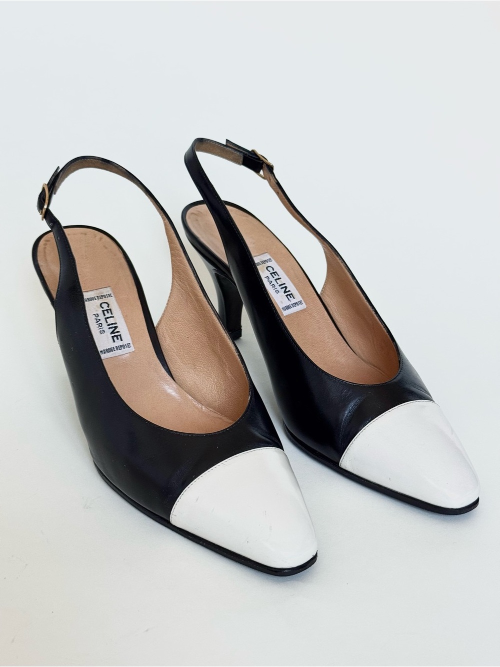 Vintage Celine Black Leather Slingback Pumps with White Cap Toe - Made in Italy